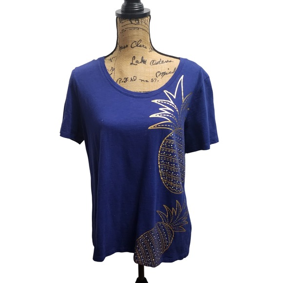 Coral Bay Womens T-Shirt Top Blue Gold Pineapple Print Short Sleeve Large - Picture 1 of 5